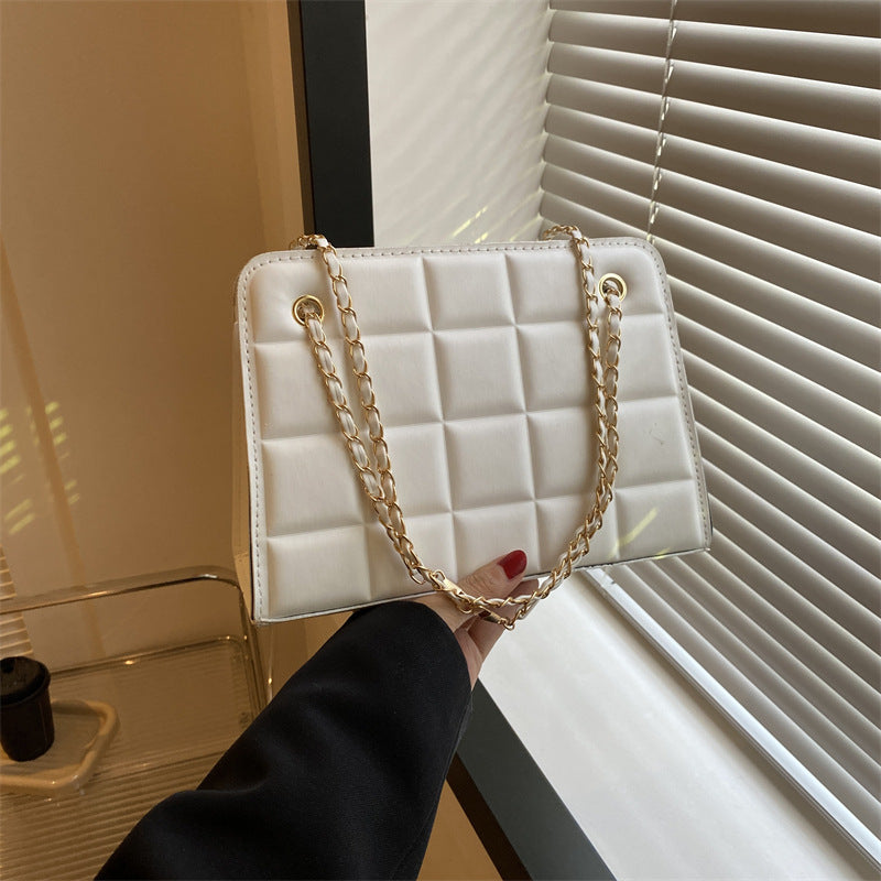 Small Diamond-Pattern Embroidered Grid Shoulder Bag