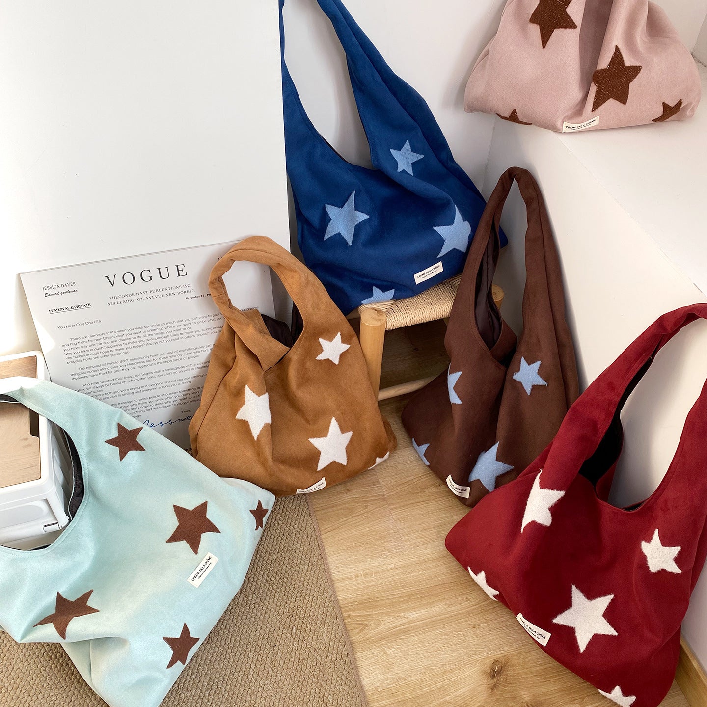 Star-embroidered Large-capacity Plush Tote Bag
