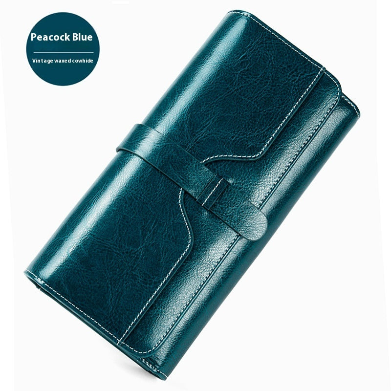 Pure Leather Tri Fold Long Buckle Genuine Leather Wallet