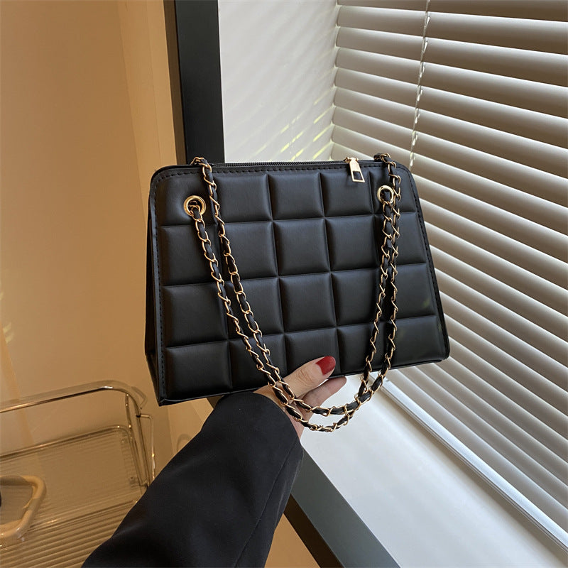 Small Diamond-Pattern Embroidered Grid Shoulder Bag