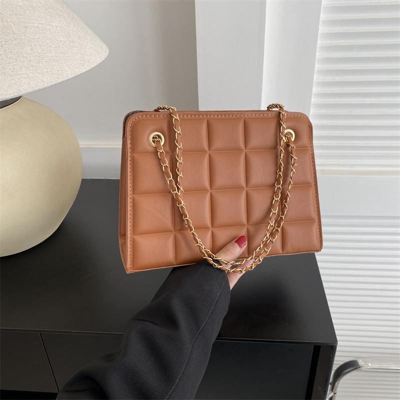 Small Diamond-Pattern Embroidered Grid Shoulder Bag