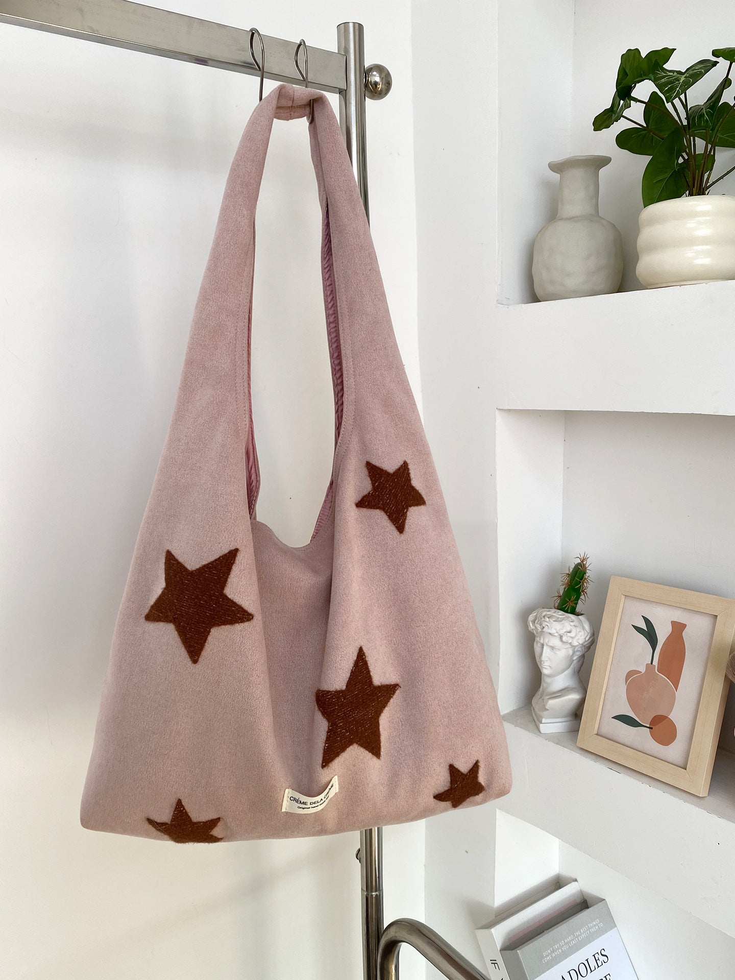 Star-embroidered Large-capacity Plush Tote Bag
