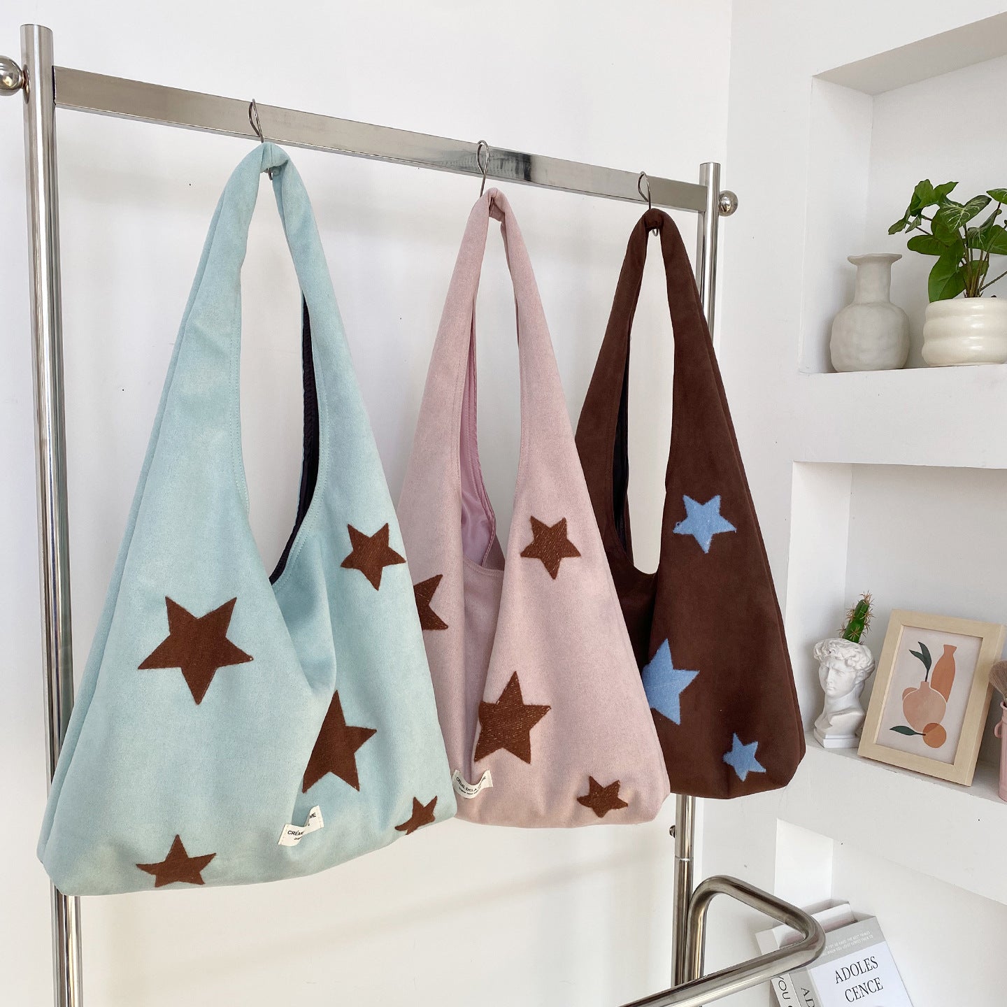 Star-embroidered Large-capacity Plush Tote Bag