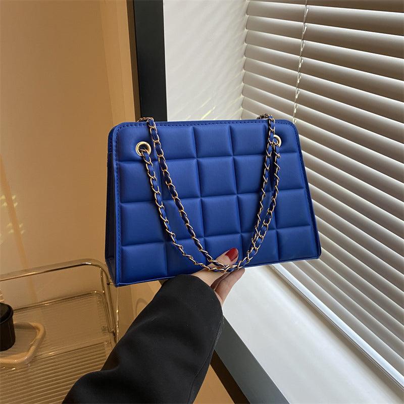 Small Diamond-Pattern Embroidered Grid Shoulder Bag