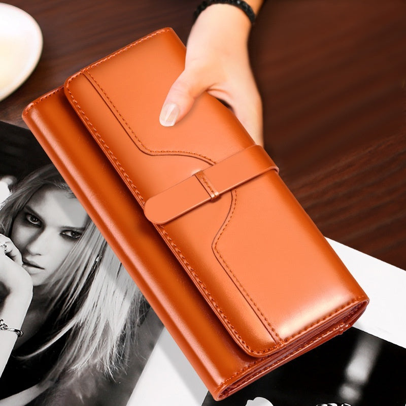Pure Leather Tri Fold Long Buckle Genuine Leather Wallet