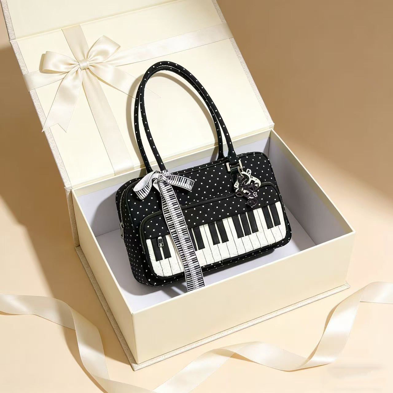 Lightweight Polka-Dot Black And White Piano Key Shoulder Bag