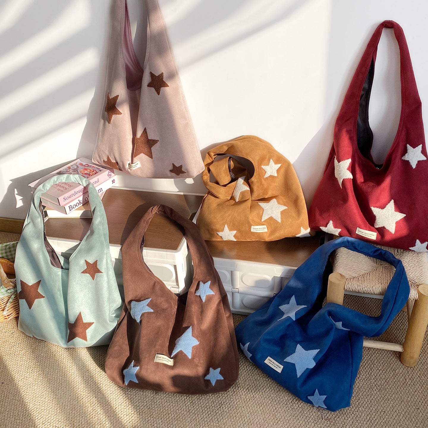Star-embroidered Large-capacity Plush Tote Bag