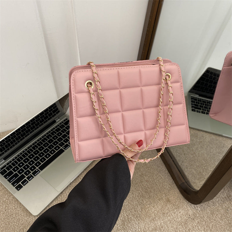 Small Diamond-Pattern Embroidered Grid Shoulder Bag