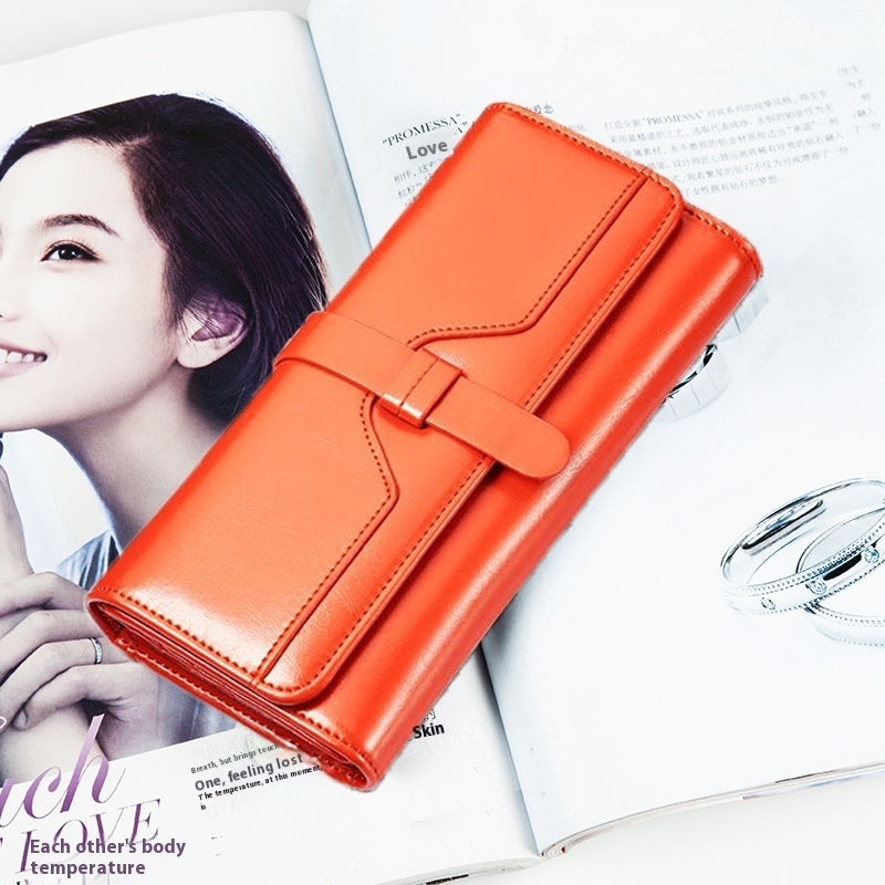 Pure Leather Tri Fold Long Buckle Genuine Leather Wallet